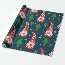 Söta julgnomar med träd och snöflingor presentpapper