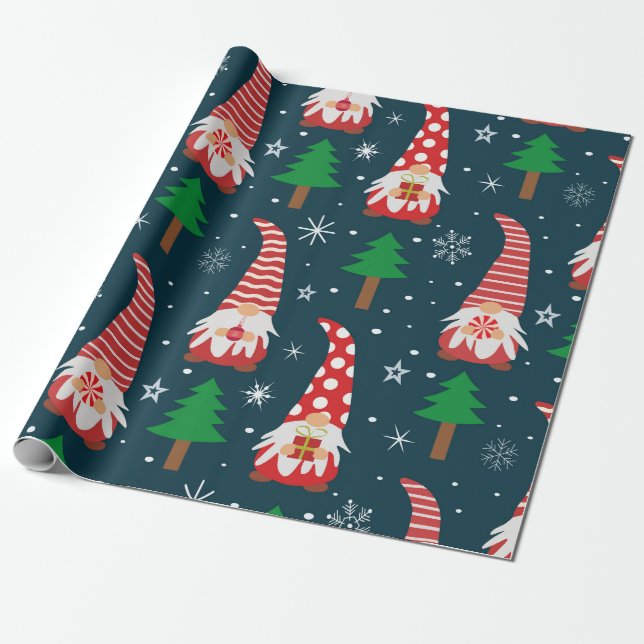 Söta julgnomar med träd och snöflingor   presentpapper (Utrullad)