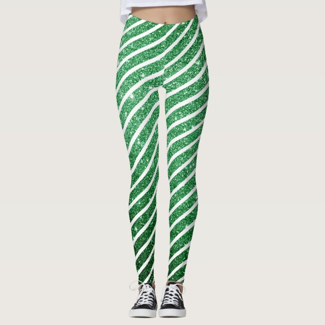 Söta julgodis Glitter Grönrandig Leggings (Framsida)