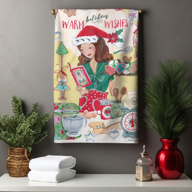 Söta julknäckarkakor Mrs Santa kvinna Kökshandduk (Chirstmas Nutcracker Backing Cookies Woman Kitchen Towel)