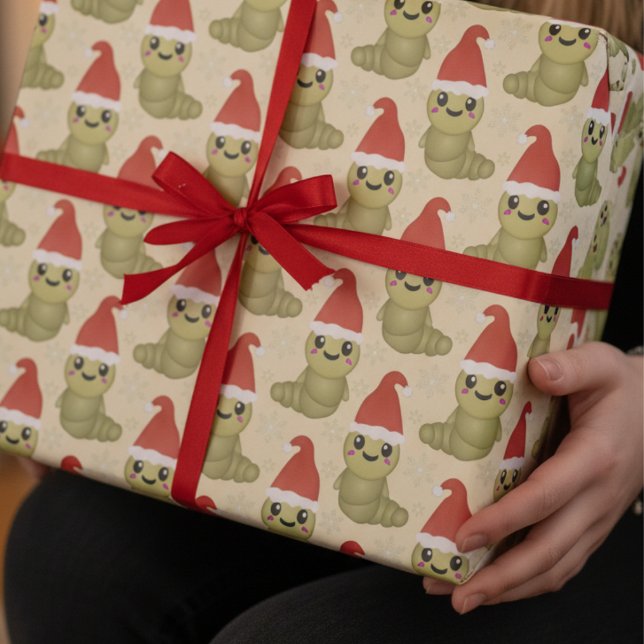 Söta julmaskar Handritad present Presentpapper (I have drawn this little worm character to bring a touch of cuteness to your Christmas gifting.)