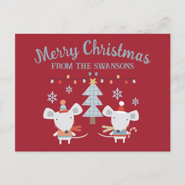 Söta julmus och träd på vinröd bakgrund vykort (Framsida)