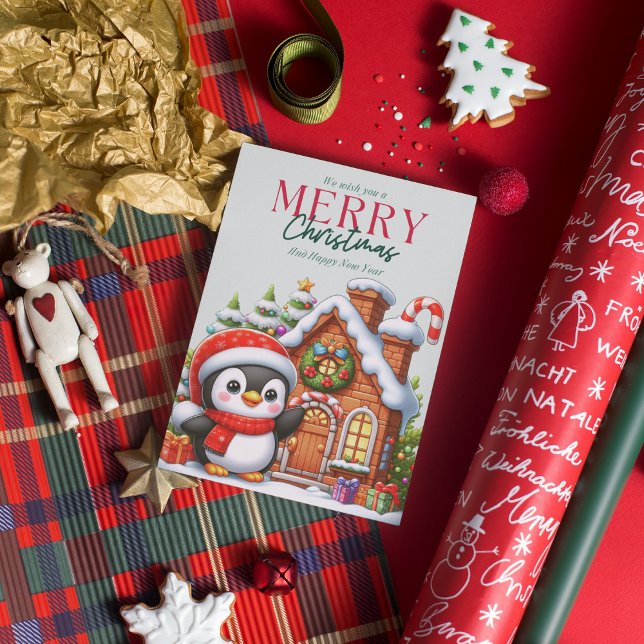 Söta julpingviner och pepparkakshus julkort (Skapare uppladdad)