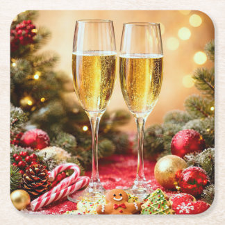 Söta julrelaterade champagneglas underlägg papper kvadrat