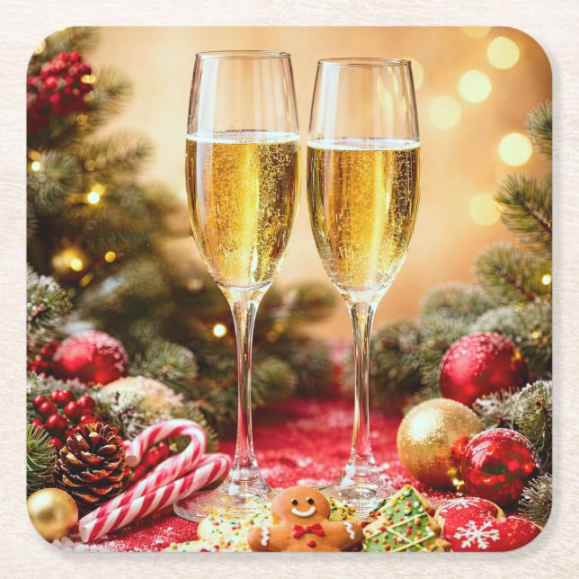 Söta julrelaterade champagneglas underlägg papper kvadrat (Framsidan)