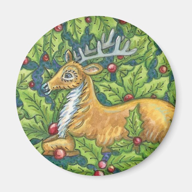 Söta julrenar i skog med järnek magnet (Framsidan)