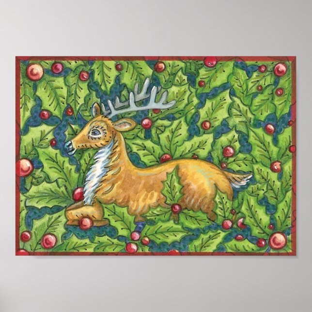 Söta julrenar i skog med järnek poster (Framsidan)