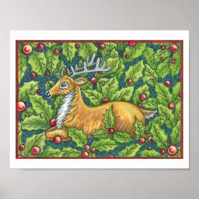 Söta julrenar i skog med järnek poster (Framsidan)