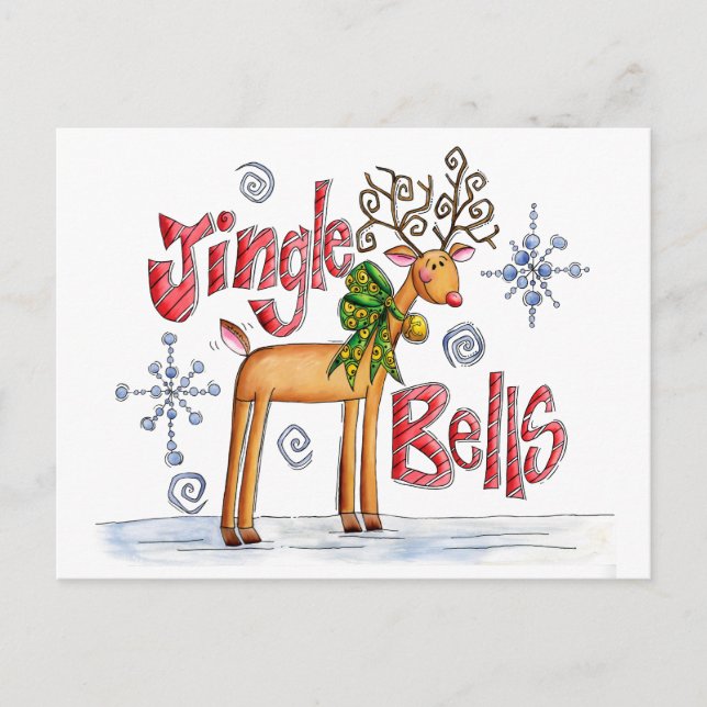 Söta julrenar, jingelklockor snöflingor helg vykort (Framsida)