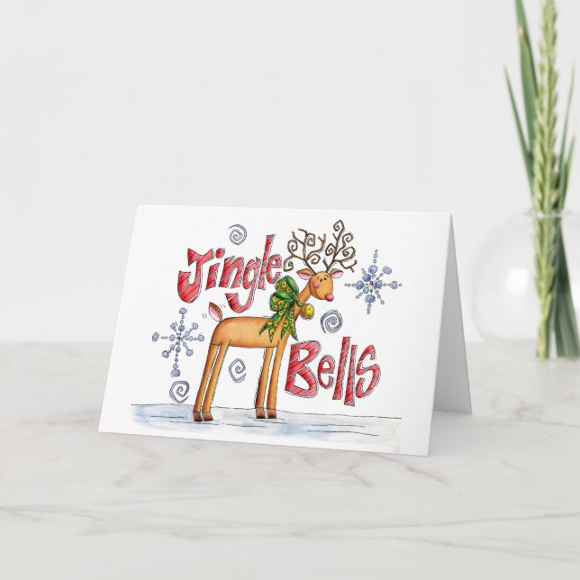 Söta julrenar, jingelklockor snöflingor helgkort (Framsida)
