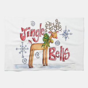 Söta julrenar, jingelklockor snöflingor kökshandduk