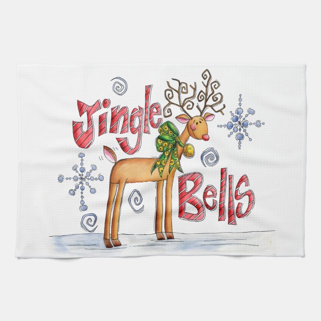 Söta julrenar, jingelklockor snöflingor kökshandduk (Horisontell)