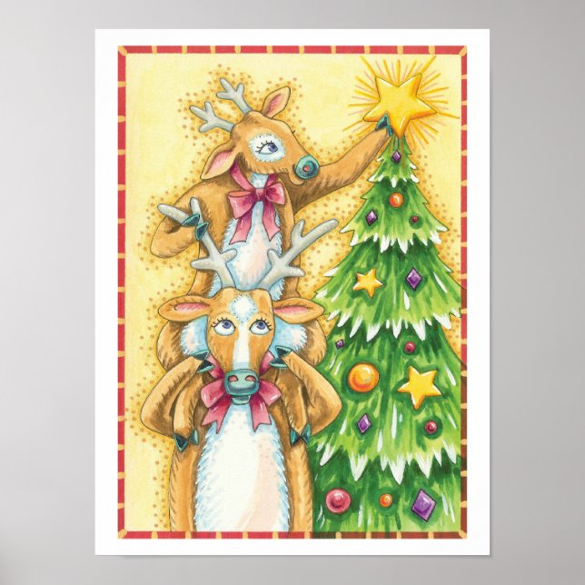Söta julrenar med julgran stjärna poster (Framsidan)
