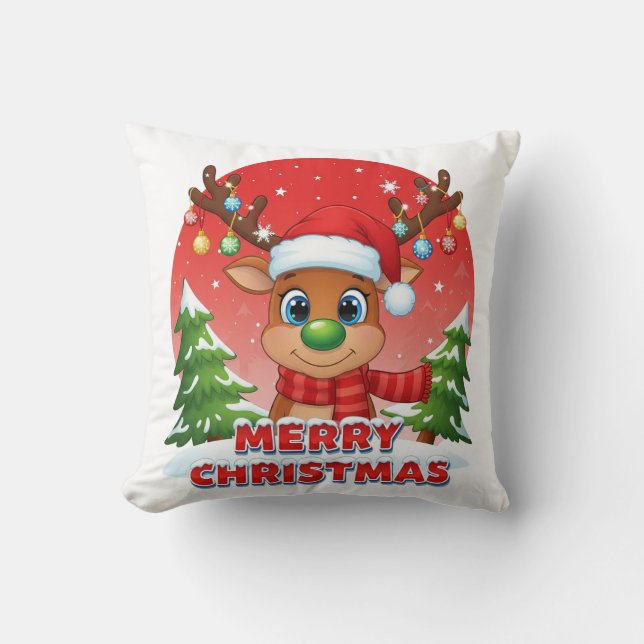 Söta julrenar med jultomtehattprydnader kudde (Framsida)