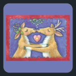 Söta julrenar, romantisk kyss med mistel fyrkantigt klistermärke<br><div class="desc">Vintageillustration Merry Christmas-design med en kärleks- och romansdesign med två söta renar som kysser under misteln. Ett hjärta är mellan dem. En rolig,  dum och romantisk tecknad design för djurälskare.</div>
