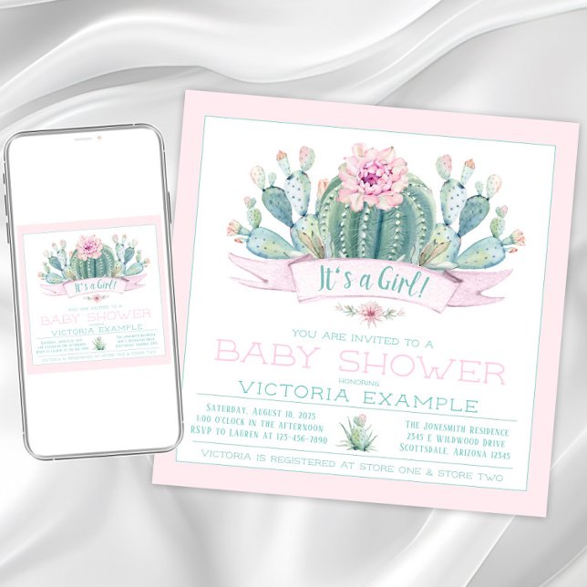 Söta kaktus-baby shower-inbjudningar inbjudningar (Girl cactus baby shower invitation. Instant download and printed invitations available.)