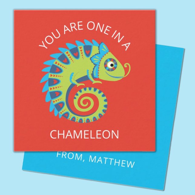 Söta Kameleont Kids Alla Hjärtans Dag Klassrum Anteckningskort (a fun chameleon lizard kids classroom valentine. Personalize it with your child's name.)