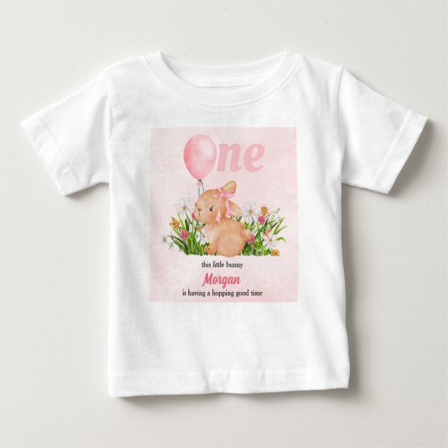 Söta Kanin Fyller Ett Rosa Flickas 1-års Födelseda T Shirt (Framsida)