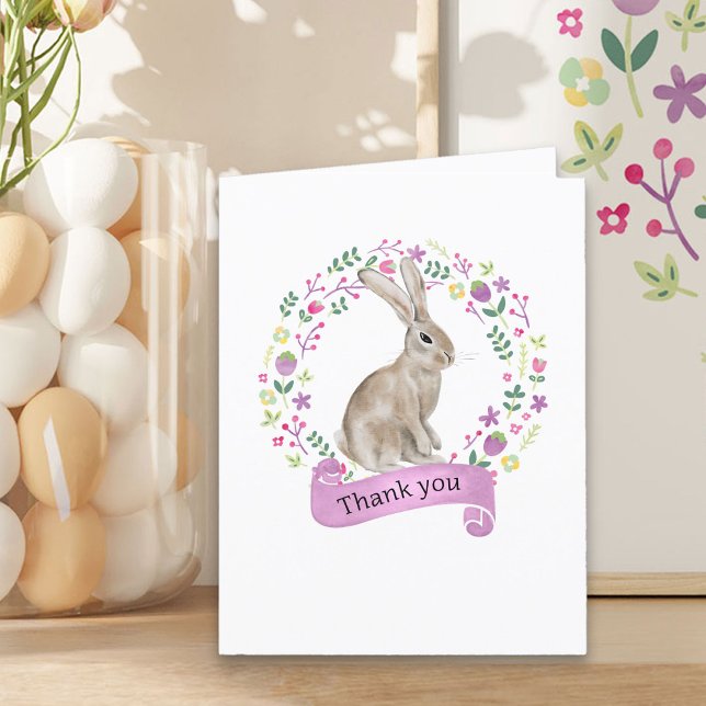 Söta kanin i krans av klotterblommor tack kort (Easter Rabbit Thank You Card from my Little Bunny & Little Lamb Baby Shower collection)
