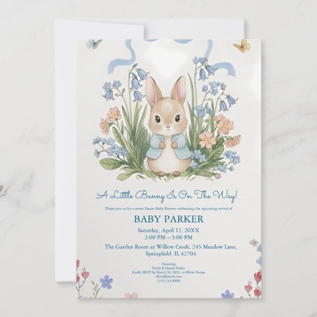 Söta kanin vårblommor baby shower inbjudningar (Framsida)