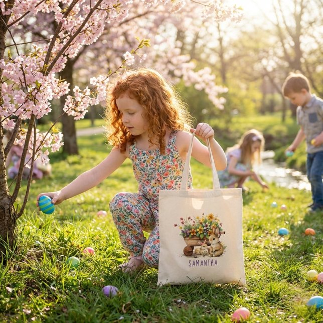 Söta kaniner Anpassat namn flicka påsk Tygkasse (Cute Bunnies Custom Name Girl Easter Tote Bag)