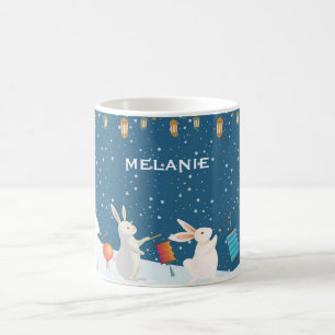 Söta kaniners lykta parad snö personlig kaffemugg