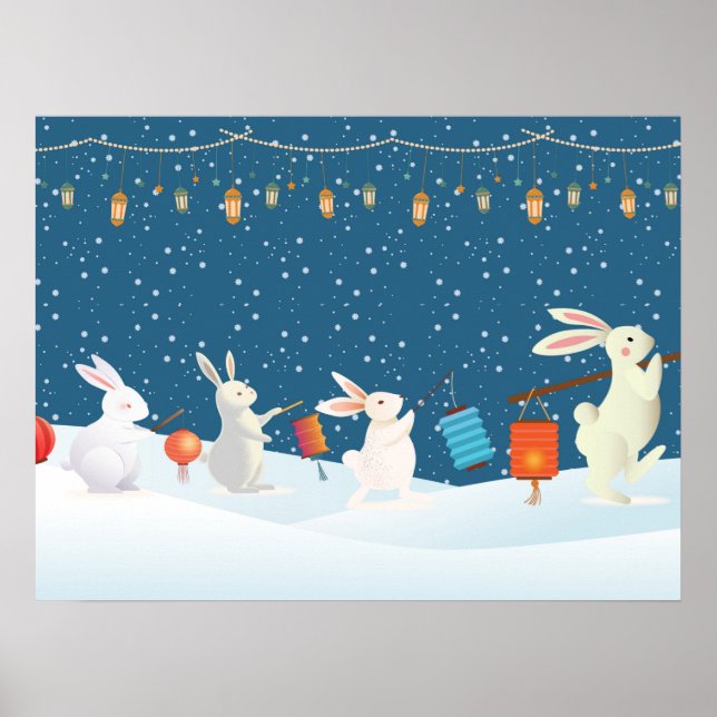 Söta kaniners lykttåg genom snö jul poster (Framsidan)