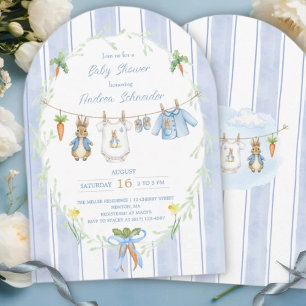 Söta kaninpojke klädstreck baby shower inbjudningar