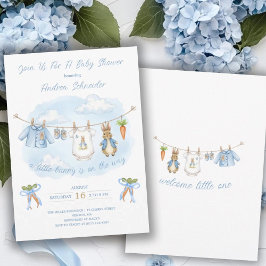 Söta kaninpojke klädstreck baby shower inbjudningar