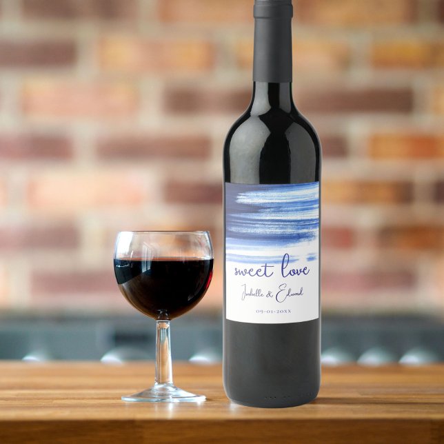 Söta Kärlek-marinblå vattenfärg Bröllop Vinflaska Etikett (Skapare uppladdad)