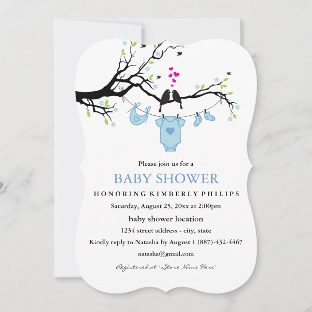 Söta kärleksfåglar pojke baby shower inbjudan (Framsida)
