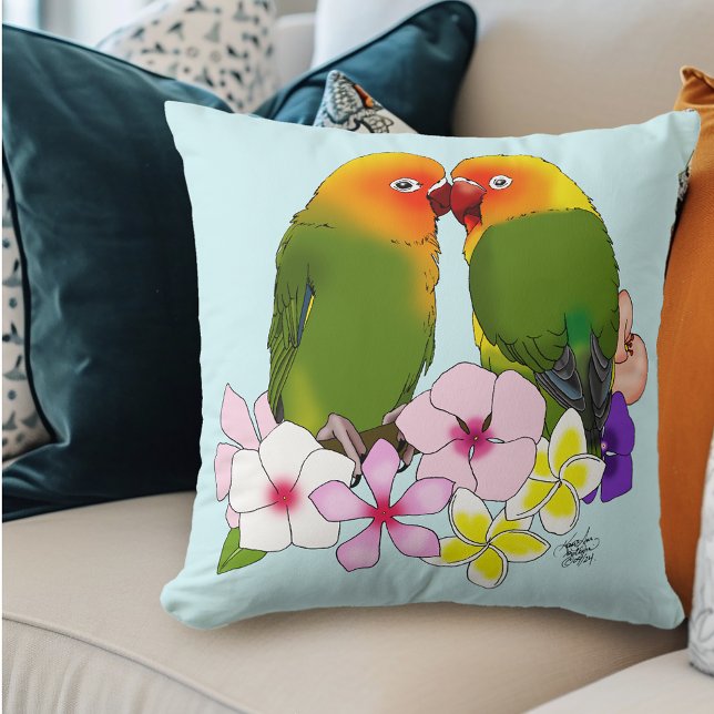 Söta kärleksfåglar Tropiska blommor Romantisk fåge Kudde (Skapare uppladdad)