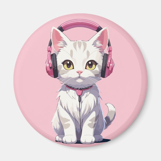 Söta Katt med Hörlurar Magnet (Framsidan)