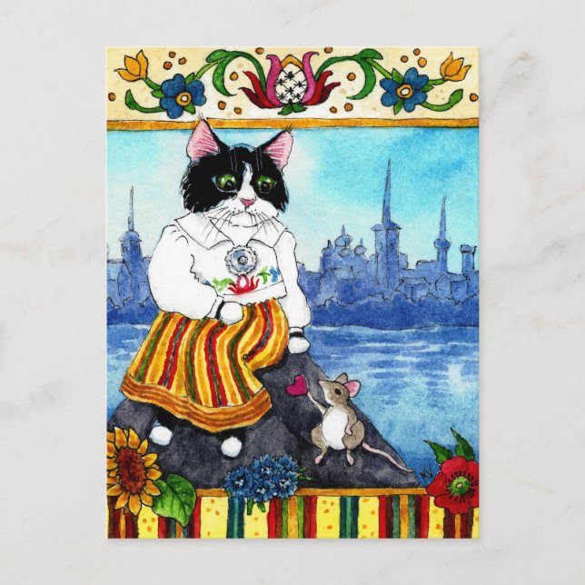 Söta Katt Mus Estnisk folklore myt vykort (Framsida)