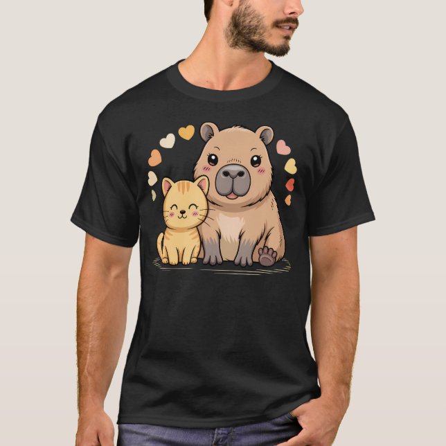 Söta Katt- Och Kapybara-Vänner Roliga Husdjursägar T Shirt (Framsida)