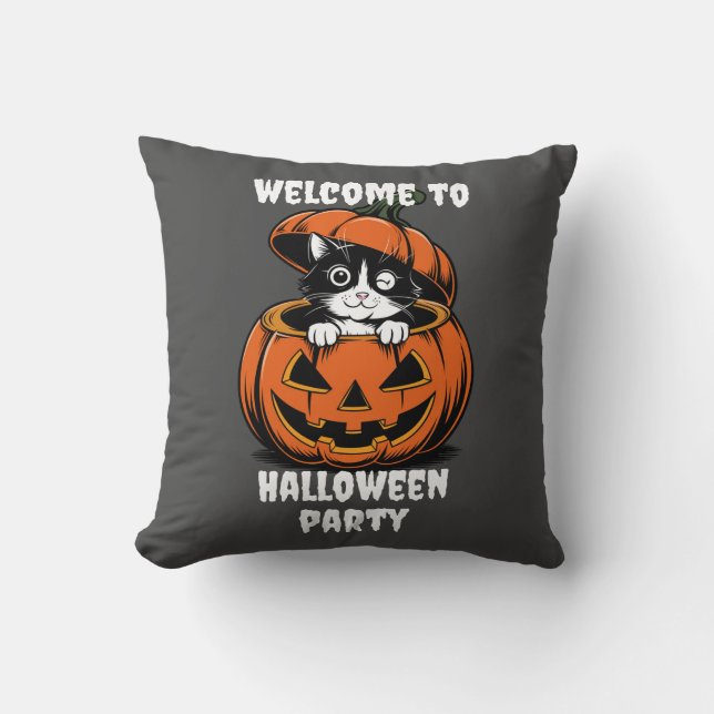Söta Katt Orange Pumpa Välkommen till Halloweenfes Kudde (Framsida)