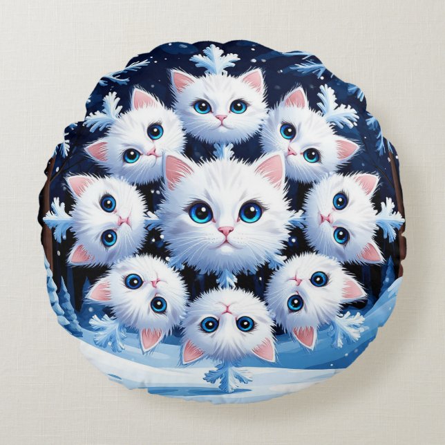 🌸 Söta Katt Snöflinga Mysiga Hemstil 🌸 Rund Kudde (Framsidan)