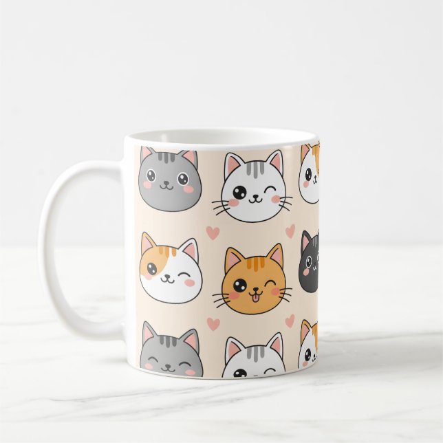Söta Kattansikten Kawaii Kattmönster  Kaffemugg (Vänster)
