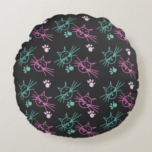 Söta kattdoodles rosa teal husdjur svart rund kudde