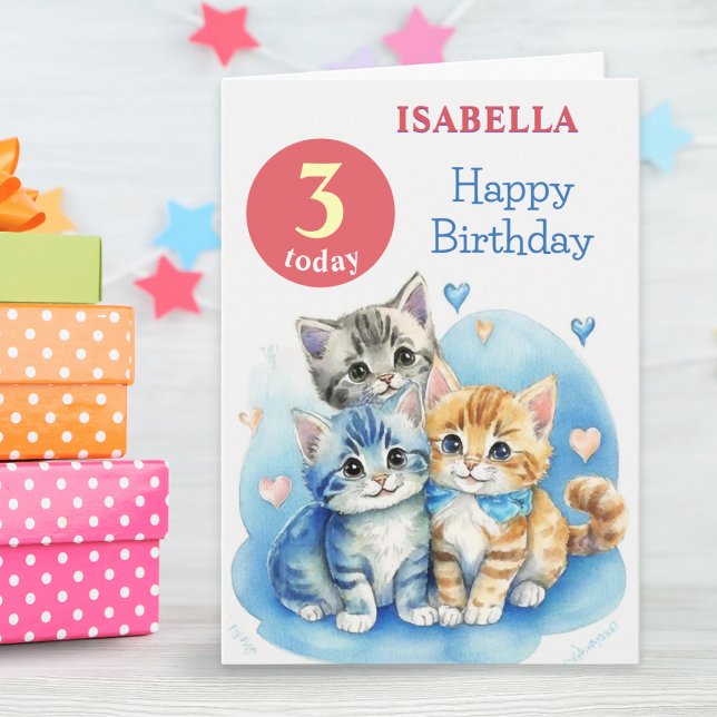 Söta Katter Anpassat Namn Ålder Barn Glad Födelsed Kort (A personalized card for a 3rd birthday, with '3 today' and cute kittens in a watercolor style)