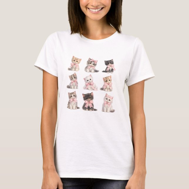 Söta katter bedårande rosa båge kattungar   t shirt (Framsida)