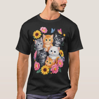 Söta Katter Blomma Blommig T Shirt