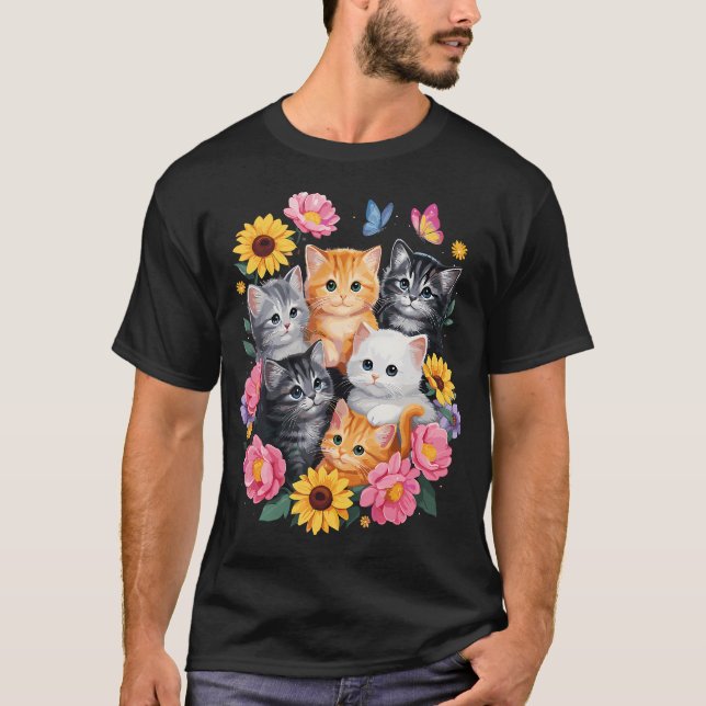Söta Katter Blomma Blommig T Shirt (Framsida)