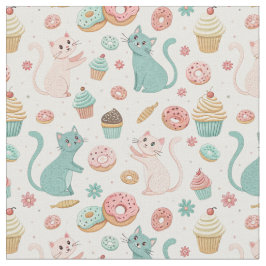 Söta katter & Cupcake-mönster - Kawaii-kattkonst Tyg