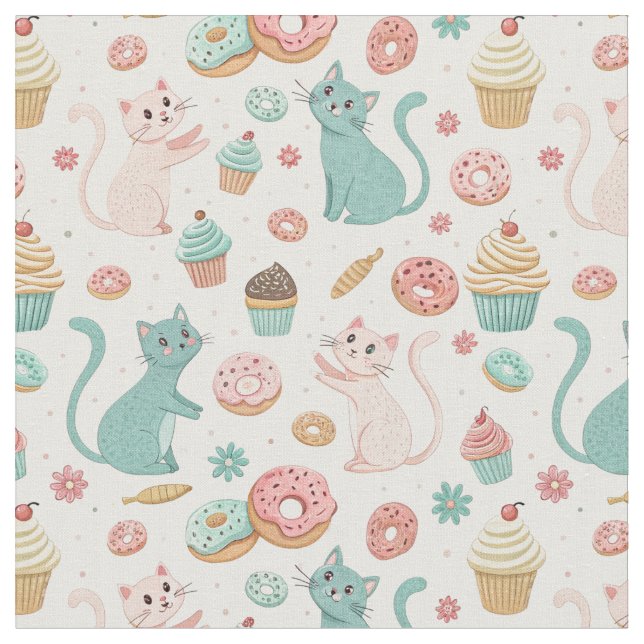 Söta katter & Cupcake-mönster - Kawaii-kattkonst Tyg (Närbild)