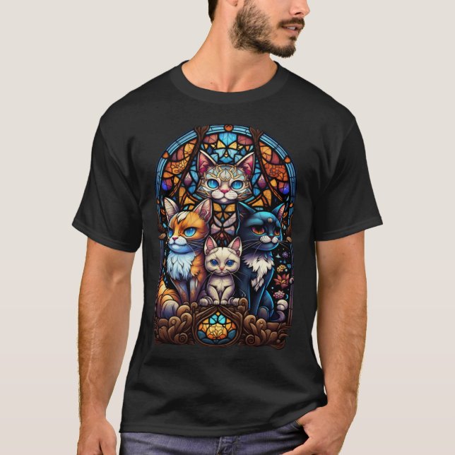Söta Katter Glasfönster Katt T Shirt (Framsida)