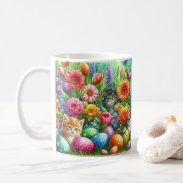 Söta katter i blomsterträdgård påsk kaffemugg