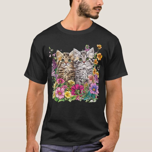 Söta Katter I Blomsterträdgård T Shirt (Framsida)