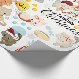 Söta katter julmönster tassar, snöflingor text presentpapper