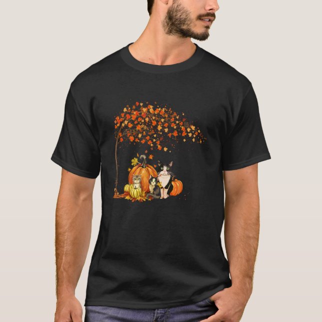 Söta Katter Löv Fall Träd Hej Höst Tacksgiving T Shirt (Framsida)